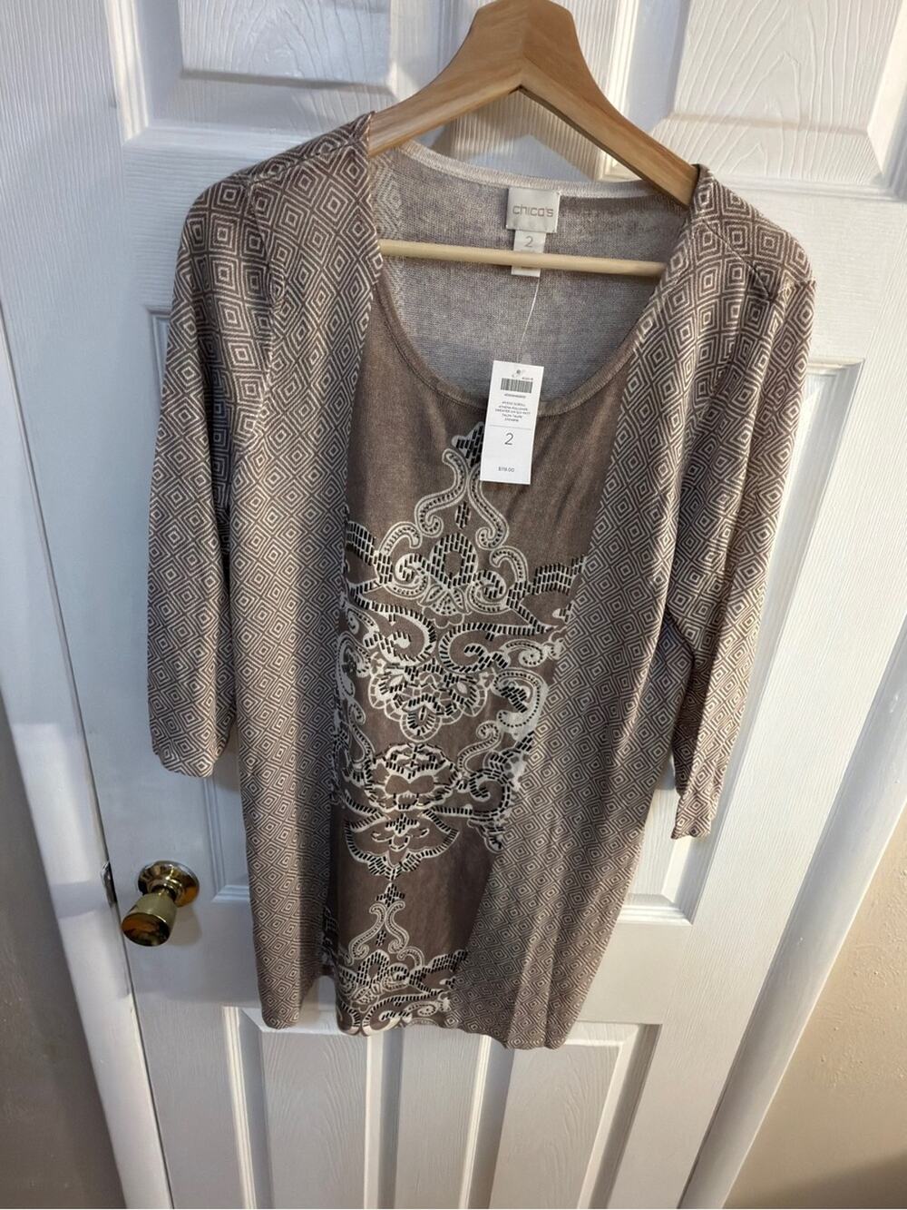 Chico's Mystic scroll with Embroidered Front pullover sweater 3/4 2 NWT